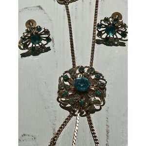 Vintage 1940's Aqua‎ Blue Rhinestone Necklace/Pin & Earrings Set Demi Parure